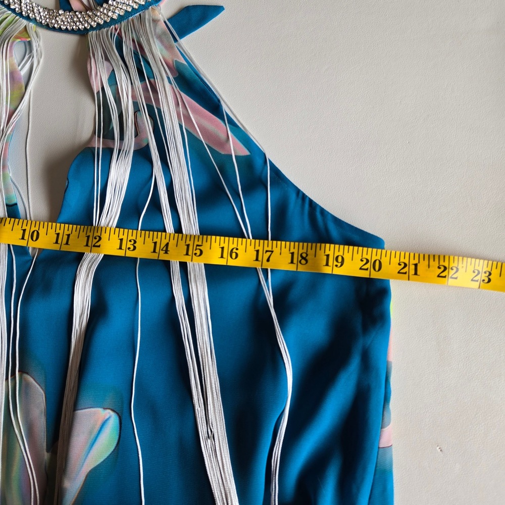 Cupshe Blue Floral Chiffon Fringe Halter Dress Size S Boho Resort Party Cocktail - Picture 7 of 9